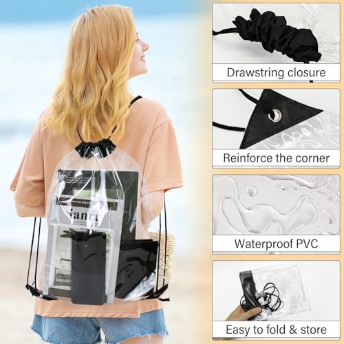 Clear Waterproof Drawstring Backpack - 2 Pack, Black