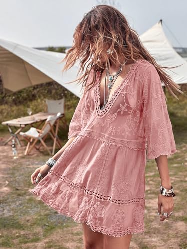 Eomenie Women's Lace V-Neck Swimsuit Cover-Up, One Size, Pink
