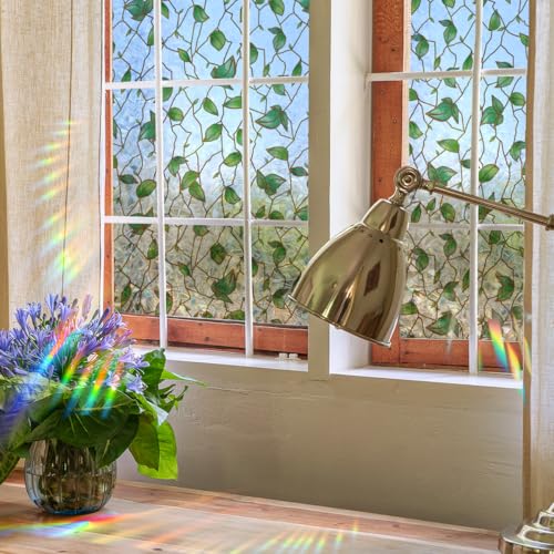 Runtoo Window Privacy Film Rainbow Leaves Window Clings 3D Decorative Vinyl Stained Glass Green Plant Vines Decals Static Sticker Non-Adhesive, 17 x 40 inches