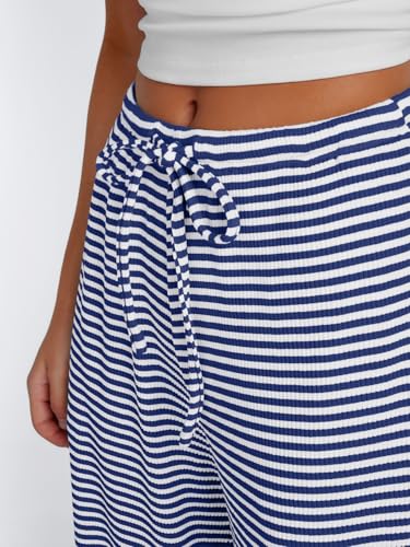 Trendy Queen Women’s Blue White Striped Wide Leg Pants Medium Fall Casual Baggy Sweatpants