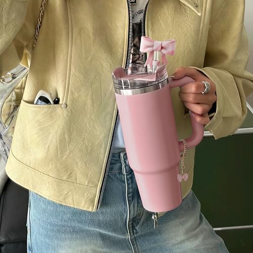 Bow Straw Topper Set - 3PCS Pink & White Charms for Tumblers