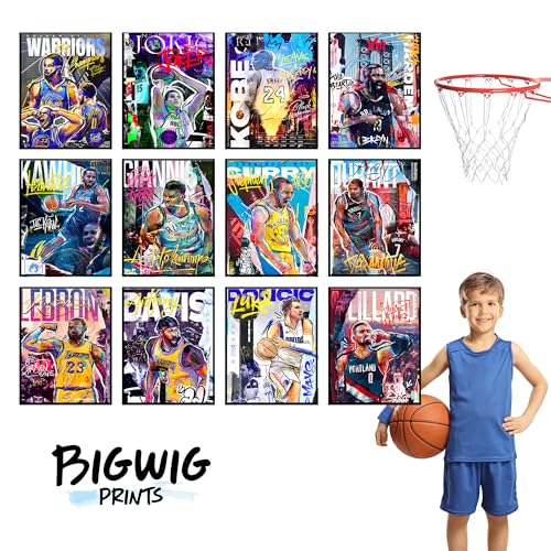 Basketball Posters Set of 12 for Boys Bedroom - Unframed, 8x10 in, Includes Curry, Kobe, LeBron & Warriors - Basketball 2