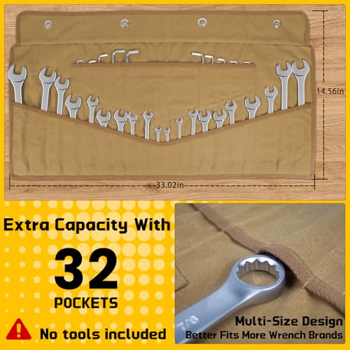 Wrench Roll 32 Pockets, Heavy-Duty 16 oz. Waxed Canvas Wrench Roll Up Bag Holds Wrench Wrap for Metric and SAE Wrenches, Wrench Pouch with Buckles and Handle, Sturdy Wrench Tool roll (Khaki)