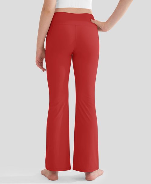 DOCUMO Girls Flare Leggings with Pockets - Crossover Waist Bell Bottoms Full Length Bootcut Leggings for Girls Yoga Dance Athletic Pants Kids (Red, Small)