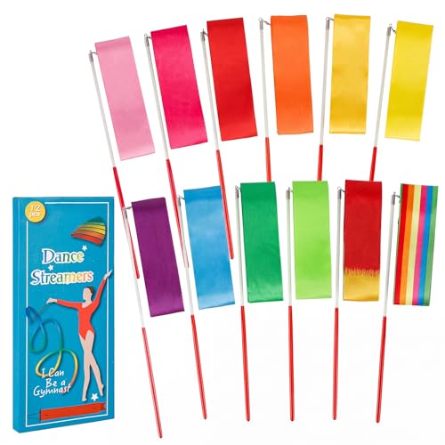 12pcs Rainbow Dance Ribbon Wands - Multicolor Twirling Streamers