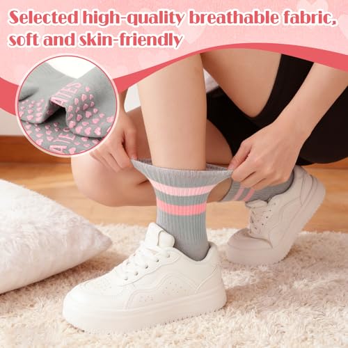 Non-Slip Pilates Grip Socks - Crew Length Cotton Stripe Bow - 6 Pairs