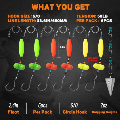 Kaleodam 6/0 Circle Hooks Catfish Rig with Floats and Weights, 6PCS Multi-Color