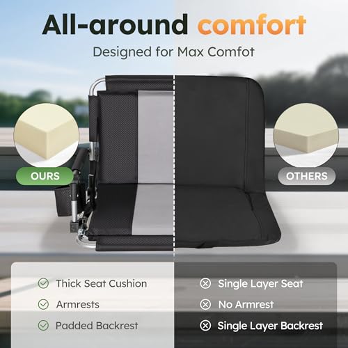 Folding Stadium Seats - 2 Pack Portable Bleacher Chairs with Cushions, Cup Holder - Black Grey