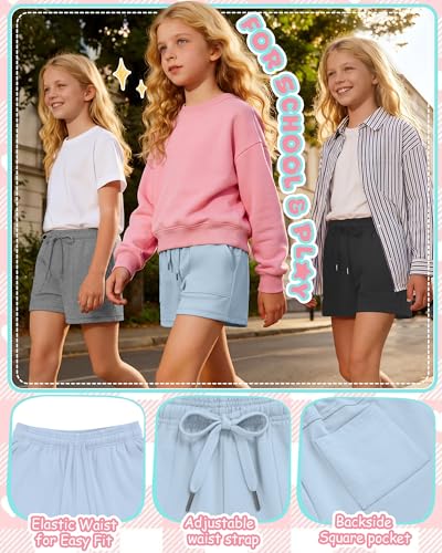Girls Athletic Sweat Shorts - 3 Pack, Light Blue + Gray + Black, 13-14 Years