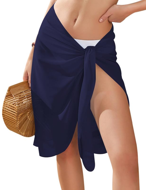 Women's Chiffon Beach Sarong Short Bikini Wrap Cover Up - Navy Blue XXL
