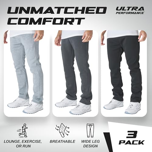 Men's Wide Leg Fleece Sweatpants 3 Pack - Charcoal, Heather Grey, Black | Ultra Performance