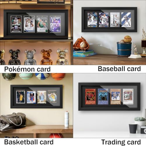 Solid Fir Wood 4-Grid Trading Card Display Frame with 4 x 35pt Holders, Black - Wall Mount
