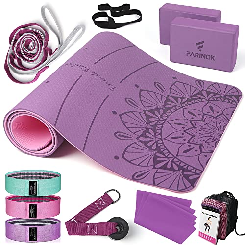 Thick Yoga Mat Set - 8mm High Density with Strap, Blocks & Bands - Purple & Pink
