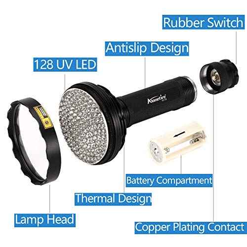 Alonefire SV128 395nm UV Flashlight 128 LEDs Woods Lamp Ultraviolet Black Light for Pet Urine Detection, Scorpion Detection, Dry Stain, Bedroom, Fishing with UV Protective Glasses, 6PCS AA Battery