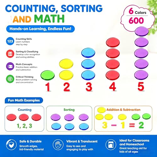 600 Counting Chips - 3/4 Inch in 6 Vibrant Colors for Learning