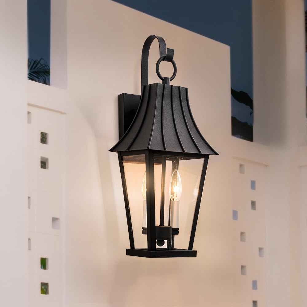 Large Outdoor Wall Sconce, Mate Black Exterior Light Fixtures for House, Waterproof Outside Porch/Patio Lights Wall Mount, with Clear Glass, White Candelabra, Perfect for Garage, Entryway