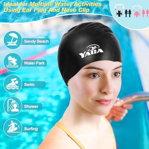 Silicone Swim Cap for Adults - 2 Pack with Ear Plugs, Black & Rose Red