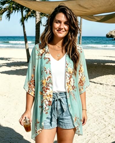 CHICGAL Womens Aqua Blue Floral Kimono Cardigan Beach Cover Up - Casual Summer Top, Medium