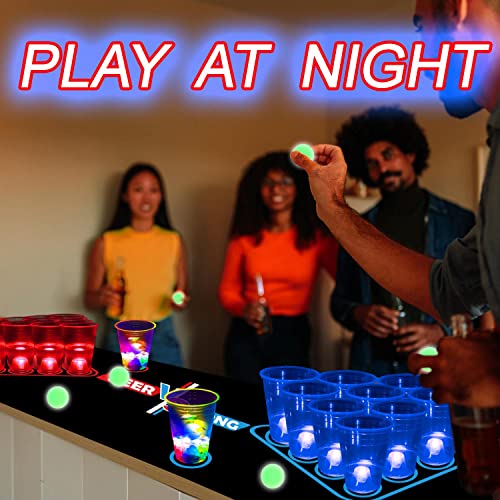 Glow-in-The-Dark Beer Pong Set with Table Mat, Cups, LED Lights & Pongs for Indoor Outdoor Party