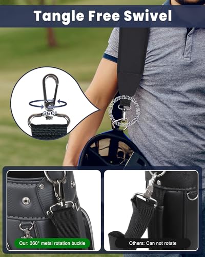 Padded Golf Bag Strap - Adjustable Thick Pad - Full Black With 2 Clips