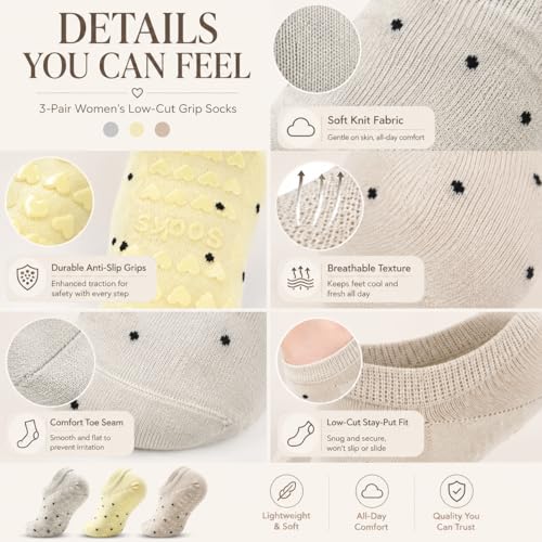 YesMvpMvp Non-Slip Pilates Socks with Grips for Women, Multipack, Grey, Light Yellow, Khaki, US Size 5-9