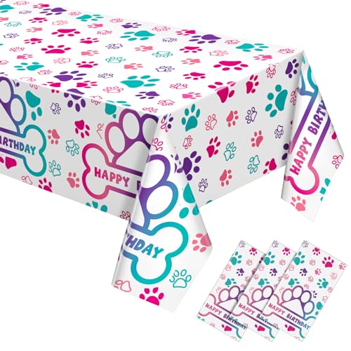 Newwiee Pink Series Paw Print Tablecloths 3-Piece, Disposable Plastic 108 x 51 in