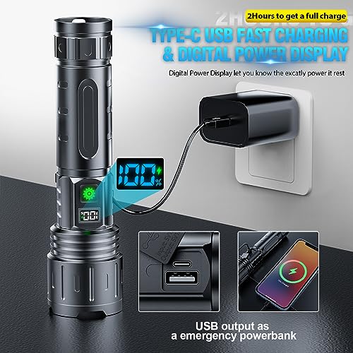 Hoxida Tactical Rechargeable Flashlight 2000 Lumen 5 Modes, 20h Runtime, Zoomable IPX5, USB C, 2pc