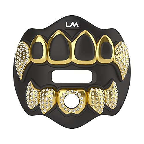 Loud Mouth 3D Chrome Grillz Football Mouth Guard for Youth & Adults, No-Boil, Braces-Friendly, with Strap (Gold & Black)