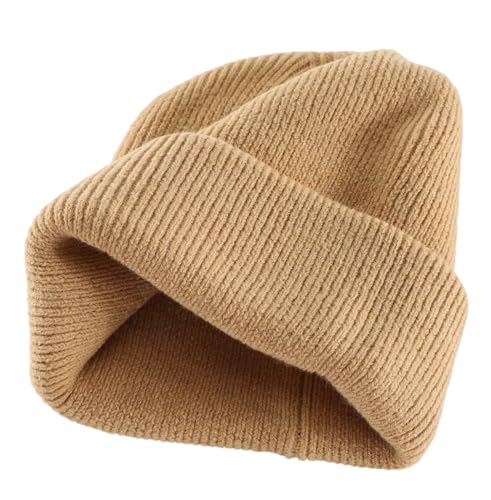 Thick Cuffed Knit Winter Beanie - Double Layer Warm Skull Cap - Khaki
