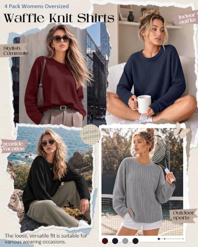 Neer Women's Oversized Waffle Knit Sweatshirts 4-Pack with Large Sizes - Black, Gray, Navy, Wine Red