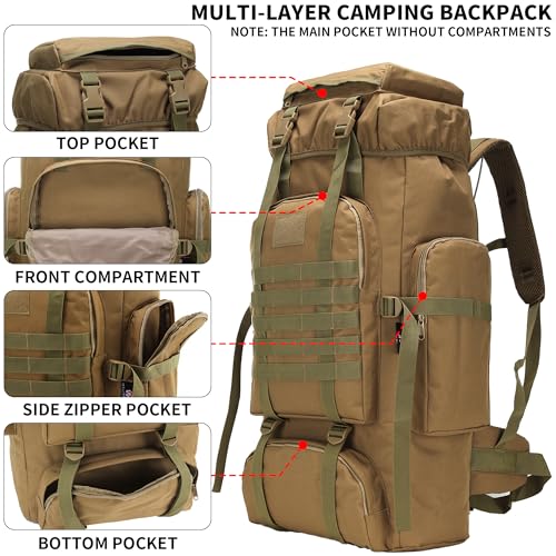 70L Khaki Hiking Backpack with Molle System, 3-Day Assault Pack for Men