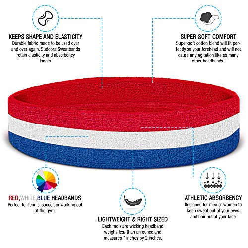 Athletic Sweatband Set - Moisture Wicking Headband & Wristbands, Red White and Blue