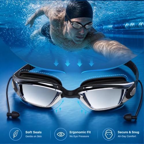 Jisucute Anti-Fog Swim Goggles for Adults with Ear Plugs - Anti-UV, Black