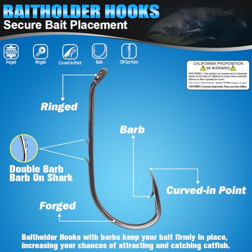 Baitholder Fishing Hooks 100 Pack - Double-Barbed Long Shank 8/0-#8, Black/Red (LURELINK)