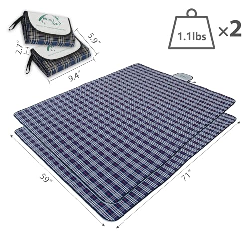 Wind Tour Waterproof Picnic Blanket Set - Foldable Sandproof Outdoor Mat for Camping Beach Park, 59x71 inches, Navy Blue, Includes 2 Mats