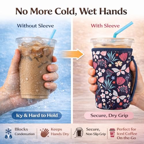 Reusable Iced Coffee Sleeves - Insulated Neoprene for Cold Drinks - Butterfly Bush