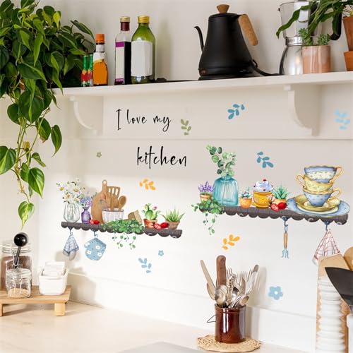 Bowl Kitchenware Utensil Shelf Wall Stickers, sacinora I Love My Kitchen Potted Flowers Wall Decals Removable Vinyl Peel and Stick for Kitchen Dining Restaurant Baking Room Bar Door Home Decor