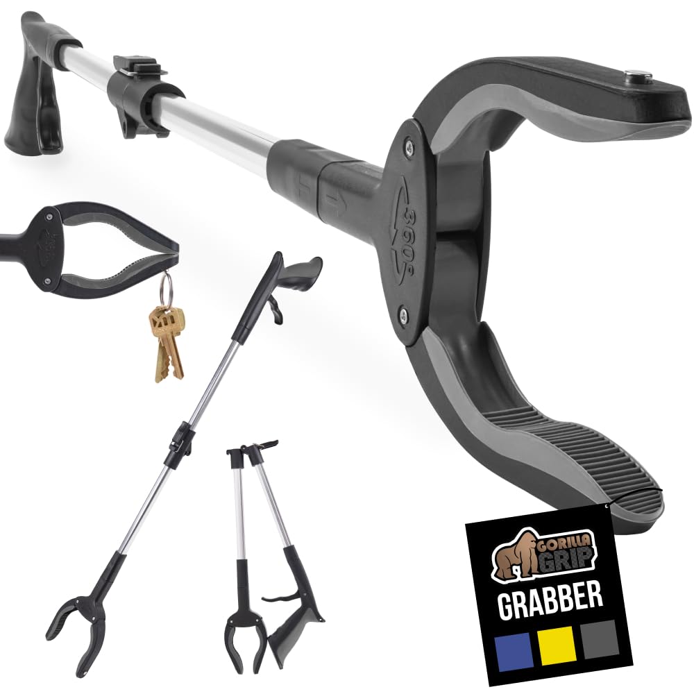 GORILLA GRIP Strong Rubber Lined Claw Grabber, Ergonomic Anti-Slip Reacher Tool for Seniors, 360 Magnetic Rotating Head Reaching Pick Up Stick, Foldable Trash Picker, Handicap Gripper, Gray