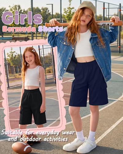 Girls Bermuda Cargo Shorts 4-Pack - Navy, Gray & Black, 13-14 Years