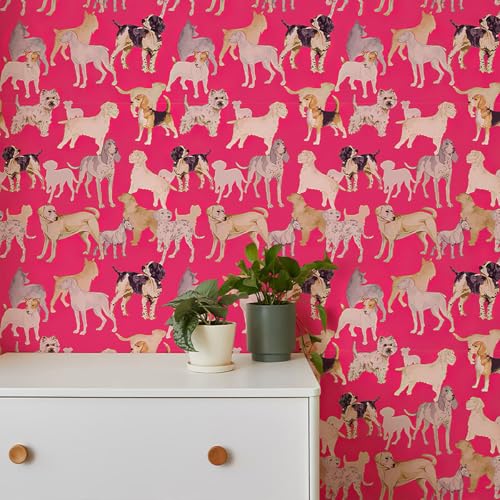 GaliGali Peel and Stick Wallpaper, Pink Dog Pets Wall Paper, Self Adhesive Wallpaper, Removable Contact Paper for Bedroom Cabinets Bathroom Decor Vinyl Waterproof 17.3"x118" NO.A03112A-3