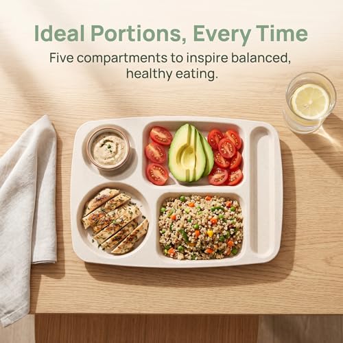 WUWEOT 8 Pack Divided Food Plates – 13.5" Wheat Straw Tray with 5 Compartments, Unbreakable & Dishwasher Safe