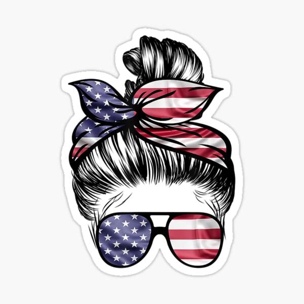 USA Flag Messy Bun Woman Vinyl Sticker Decal - 5 Inch Patriotic Waterproof