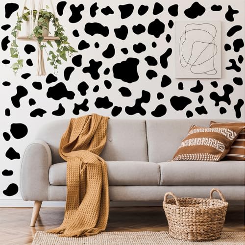 260 Pcs Self-Adhesive Black Cow Print Wall Stickers - 10 Sheets Removable Waterproof Vinyl Wall Decals for Kids Room, Nursery, Playroom, Home, Office, Studio Decor (Black)