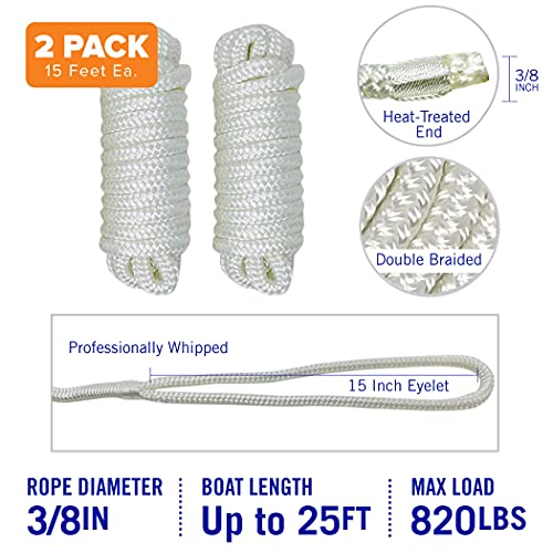 Better Boat 3/8" x 15 ft Dock Lines - White, 2 Pack | Double Braided Nylon
