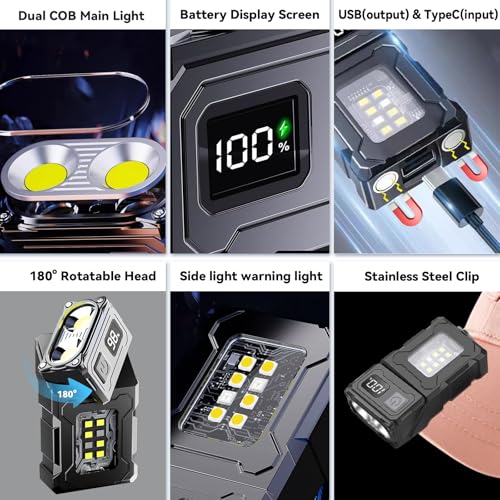 VOHIVI 2-Pack USB-C Rechargeable 800-Lumen Clip On Flashlight with Magnetic Base, Dual LED, 7 Modes