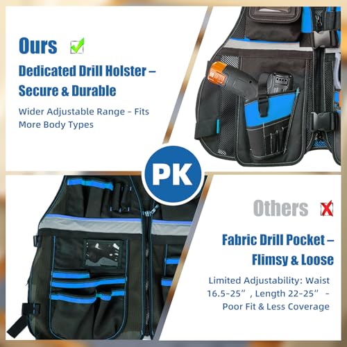 Tool Vest, Electrician Tool Vest with Drill Holster, 17 Compartments, Reflective Workwear with Tool Pockets, Adjustable Waist & Upgraded Comfortable Neck Opening (Blue)