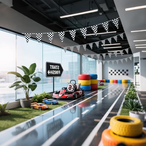 Checkered Flag Banner - 33ft Racing Pennant for Birthday Parties