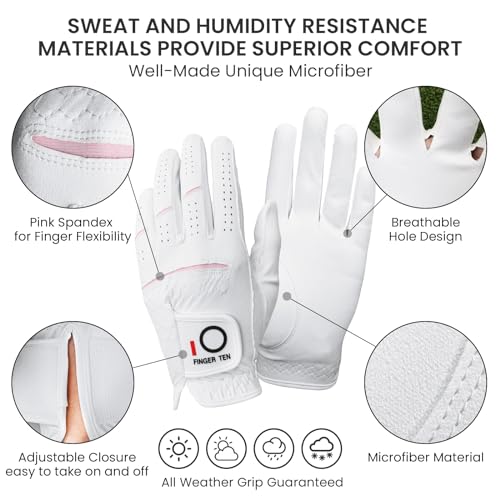 FINGER TEN Women's Rain-Grip Golf Gloves - Ambidextrous, White, Small