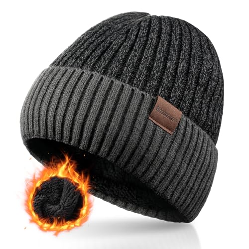BESSTEVEN Winter Beanie Hat for Men Women - Fleece Lined Knit Cuffed One Size (Black/Grey)