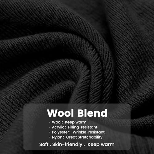 Wool Blend Ribbed Knit Beanie - Double Layer Warm Hat - Black